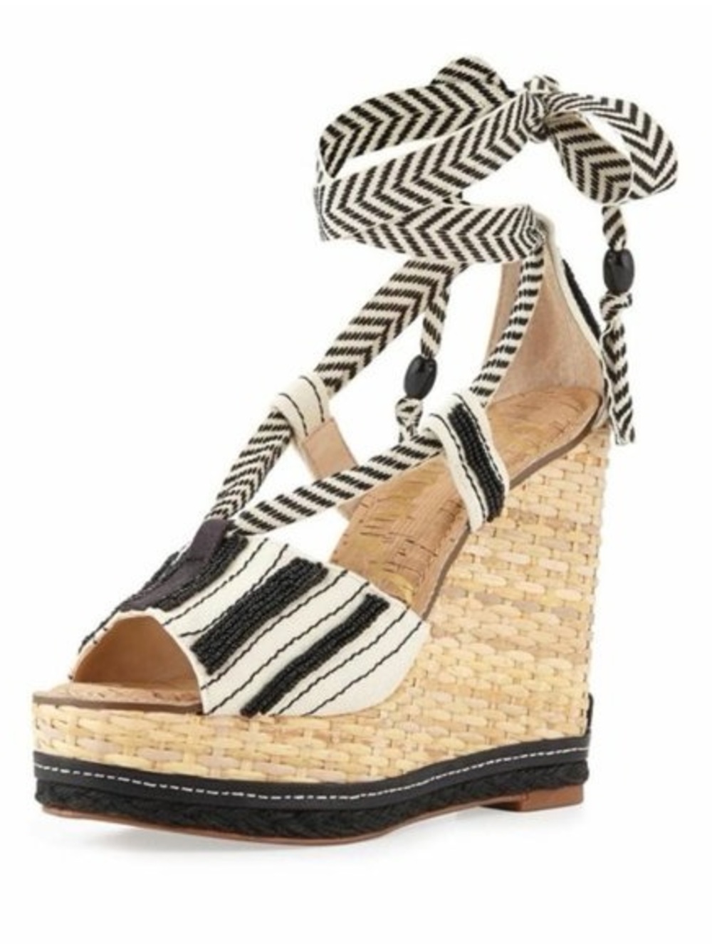 Sam Edelman Trey Black White Beaded Espadrille Wedge Platform Sandals size 8